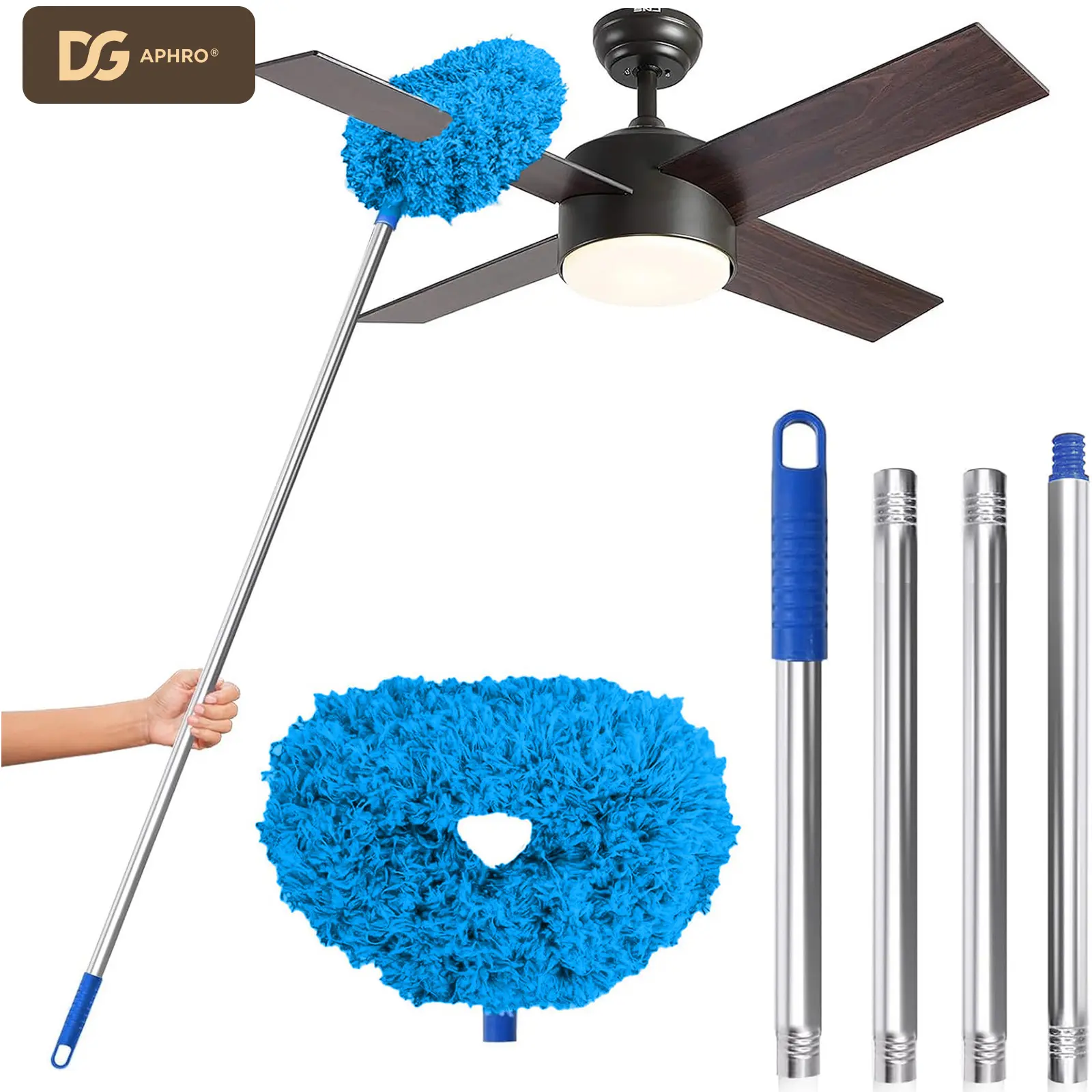 DGAPHRO Ceiling Fan Cleaner Duster, Reusable Microfiber Duster with Extension Pole, Removable Stainless Steel Dusters for Cleaning Walls Bookshelves Door Window Top.