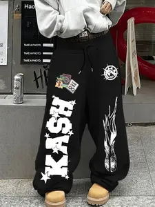 Unisex Flame Print Wide Leg Pants, Loose Fit Elastic Waist Drawstring, Street Style H-Type Trousers for Punk Rock