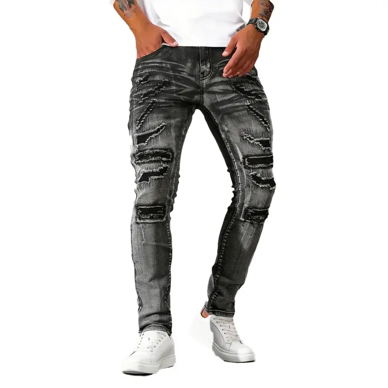 Men's Slim-Fit Stretch Silver Gray Washed Ripped Distressed Multi-Design Denim Jeans - Slim Fit Jeans with Pockets for Night Out, Party Streetwear - All-Season Comfortable Edgy Modern Urban Soft Fashion Menswear Bottoms