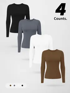 Women's Quick-Dry Long Sleeve Yoga Tops, 3-Pack Tight-Fit Plain Sporty Shirts, Comfortable Breathable Activewear Gym Top for Fall & Winter