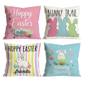 Happy Easter Bunny Throw Pillow Covers Set of 4 | Colorful Rabbit & Egg Decor for Room Bedroom Chair Car Sofa Couch Bedroom Decorative Accessories 0226YI