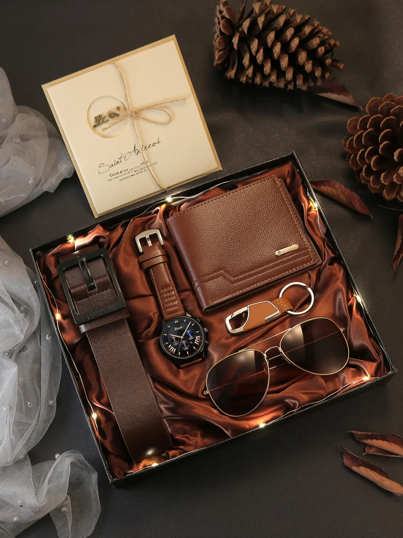 Gentleman Gift Set with Watch, Keychain, Glasses, Belt, Wallet, and Card, Ideal Business Gift for Valentine's Day, Christmas, Father's Day, Fathers Day Gifts Set, Fathers Day Box
