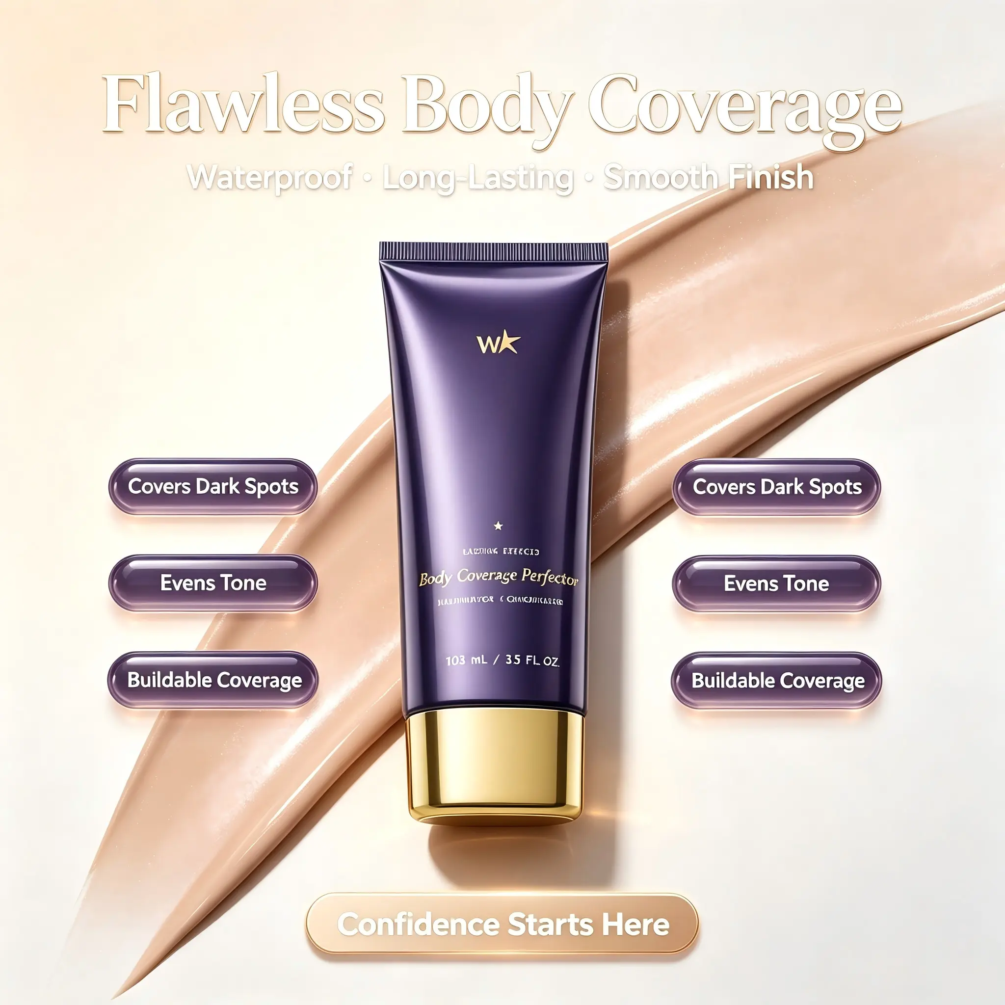 Women's Waterproof Body Coverage Cosmetic Perfector - 3.5 Oz Golden Radiance Leg & Body Makeup/Bronzer, Blendable Smoothing Radiant Buildable Shades Tattoo Cover Up Concealer, 3.5Oz, Mineral Pigments, Tri-Effect, 103Ml
