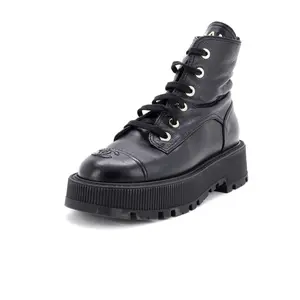 Pre-owned Chanel Women's CC Cap Toe Lace Up Combat Boots Leather by Rebag