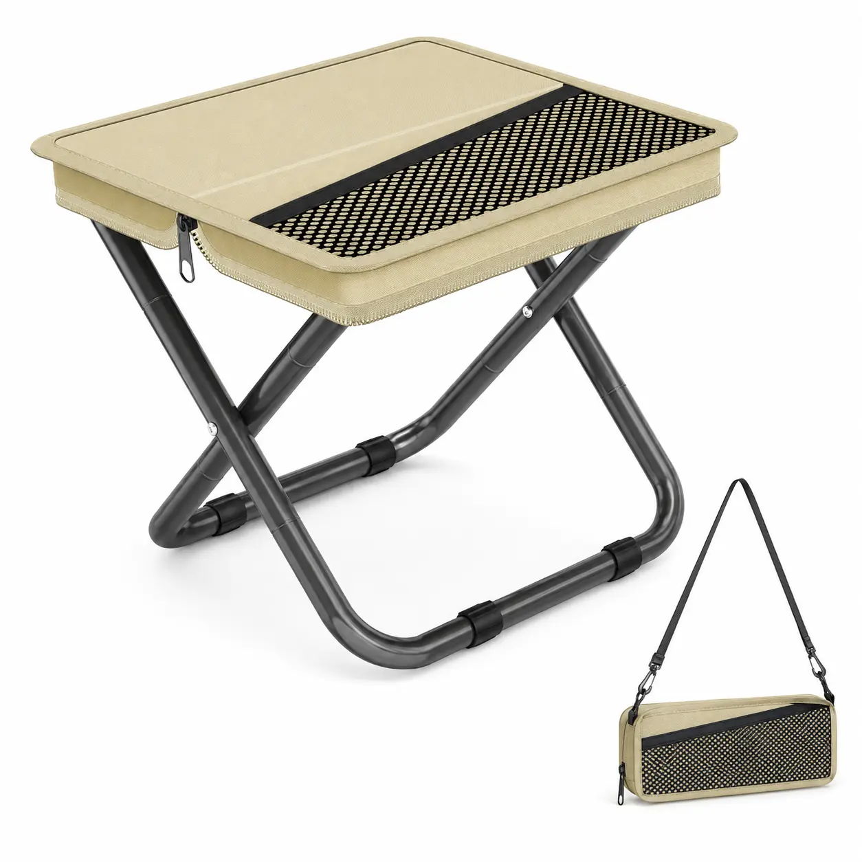 2-in-1 Portable Foldable Compact Stool & Crossbody Bag, 1.2 lb Lightweight 600D Fabric Seat, 220lb Capacity for Hiking/Camping, Outdoor Activities
