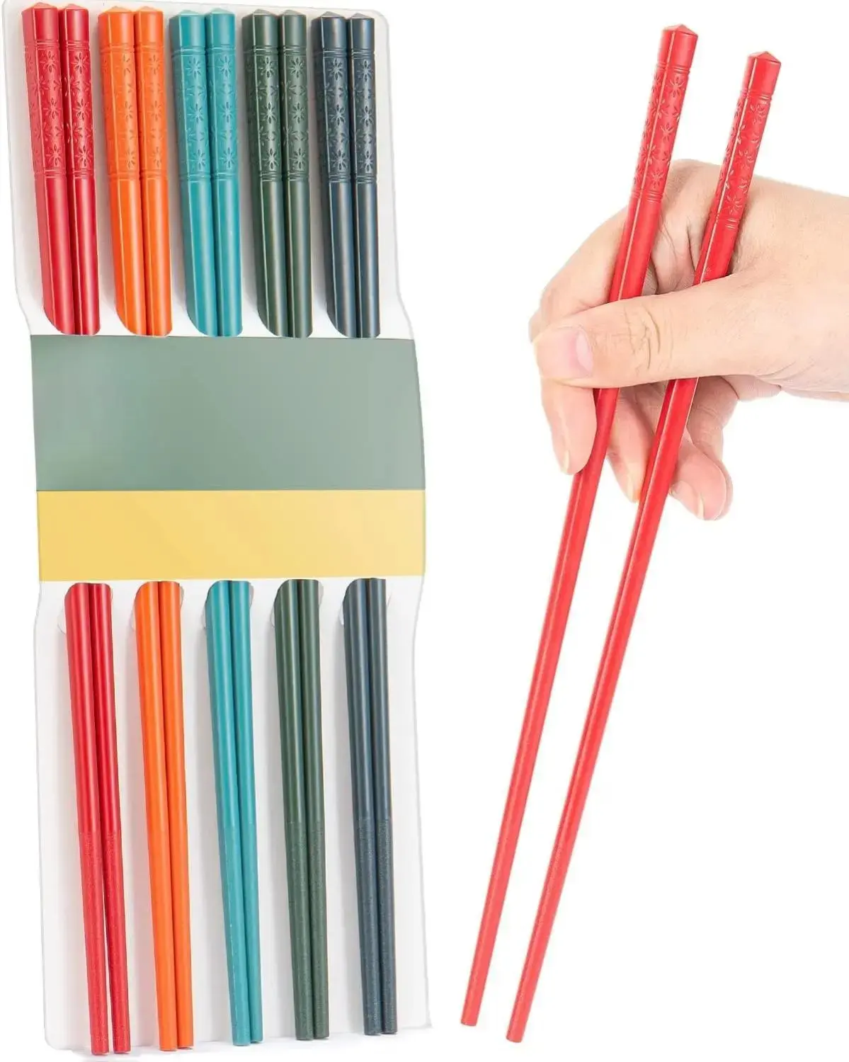 5 Pairs Dishwasher Safe Fiberglass Chopsticks Set 9.5 Inch Reusable Japanese Chinese Chopsticks Non-Slip Easy to Use Colorful