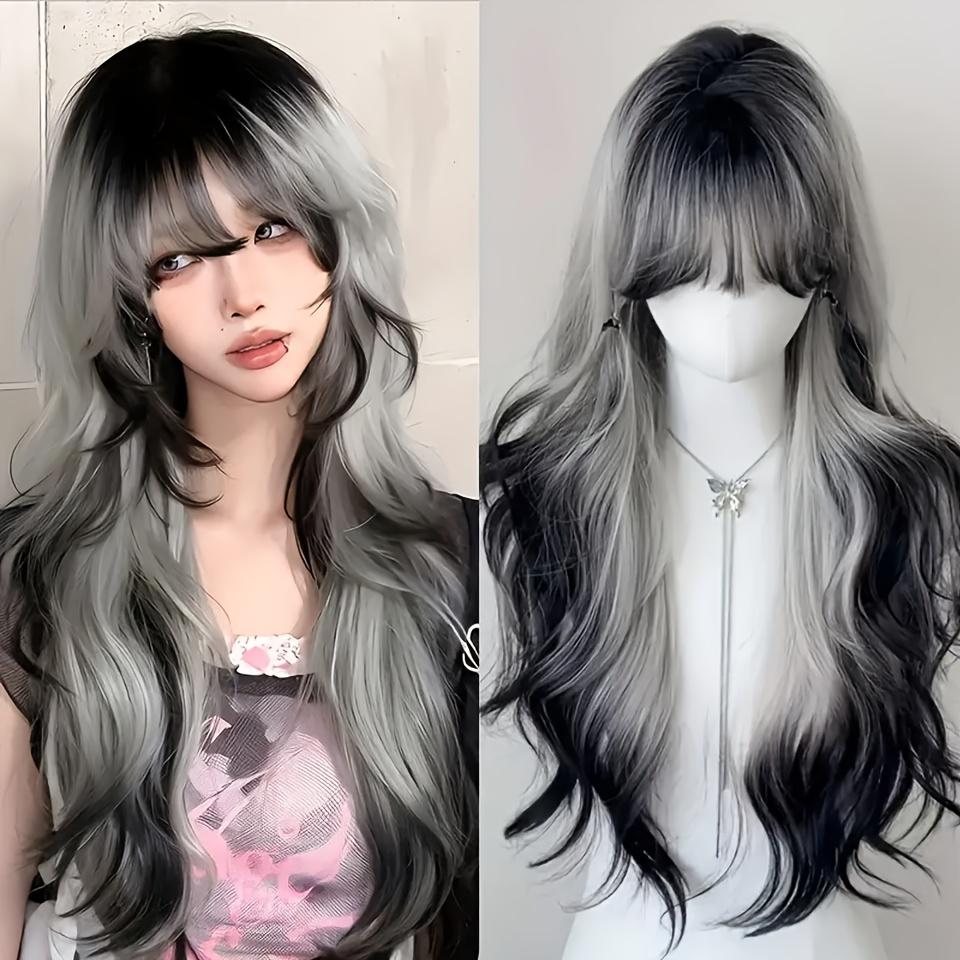 Full Head Wig for Women with Long Curly Hair, Designed to Mimic The Everyday Look of People. Features a Thin Style with Bangs And a Striking Black And White Gradient Dye
