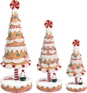 Gingerbread Tree Christmas Decoration - Set of 3 Gingerbread Decor with Colorful Peppermint Candies - Holiday Winter Decor for Party Centerpiece, Mantel, Room Table, Kitchen