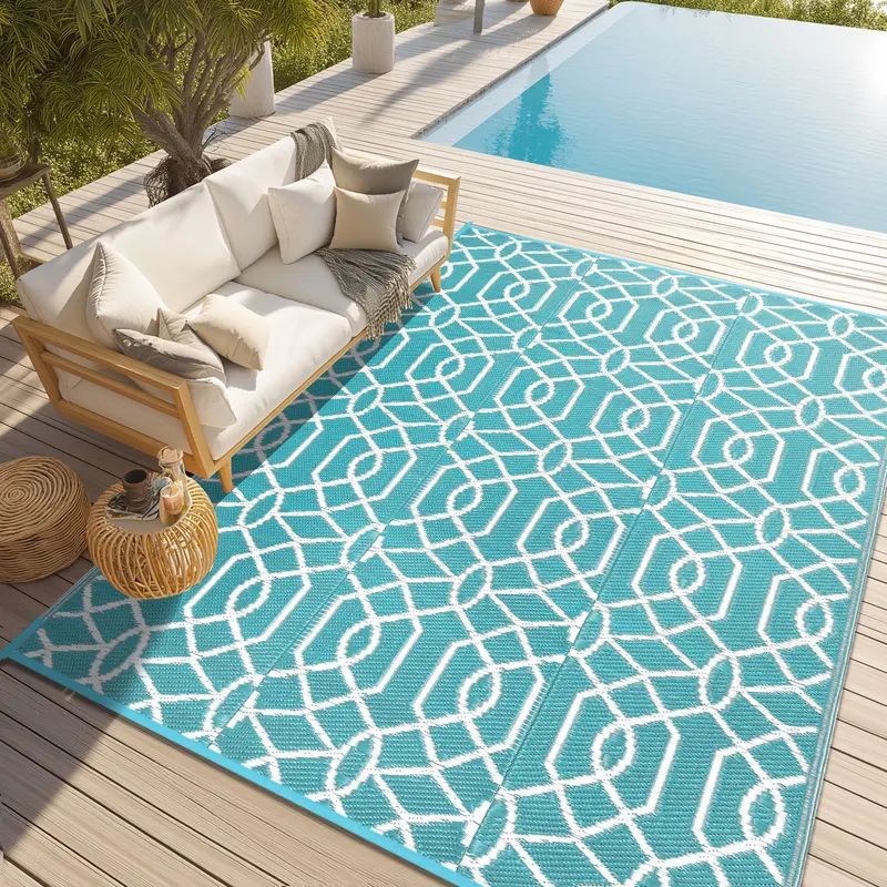 LOKHOM Outdoor Furniture Rug - Non-Customised 4'x6' & 9'x12' Multi-Size Recycled PVC Decorative Rug, Waterproof, Durable Reversible All-Weather Mat for Balconies/Patio, RV Camping, Family Picnics,familyfun