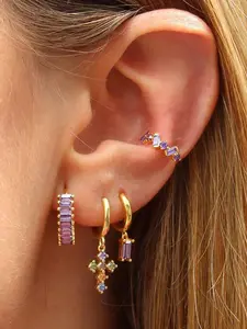 4Pcs Lucky 24K Gold Plated Cubic Zirconia Clip Earrings Set For Women Purple Zircon Hoop Earrings Pack Multicolor Cross Drop Dangle Earrings Stack