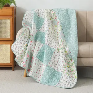 Whispering  50" x 60"  Quilted Throw Blanket, Floral Farmhouse Patchwork Throw Quilt for Couch, Lightweight Pieced Lap Quilt with Light Blue and White Flower