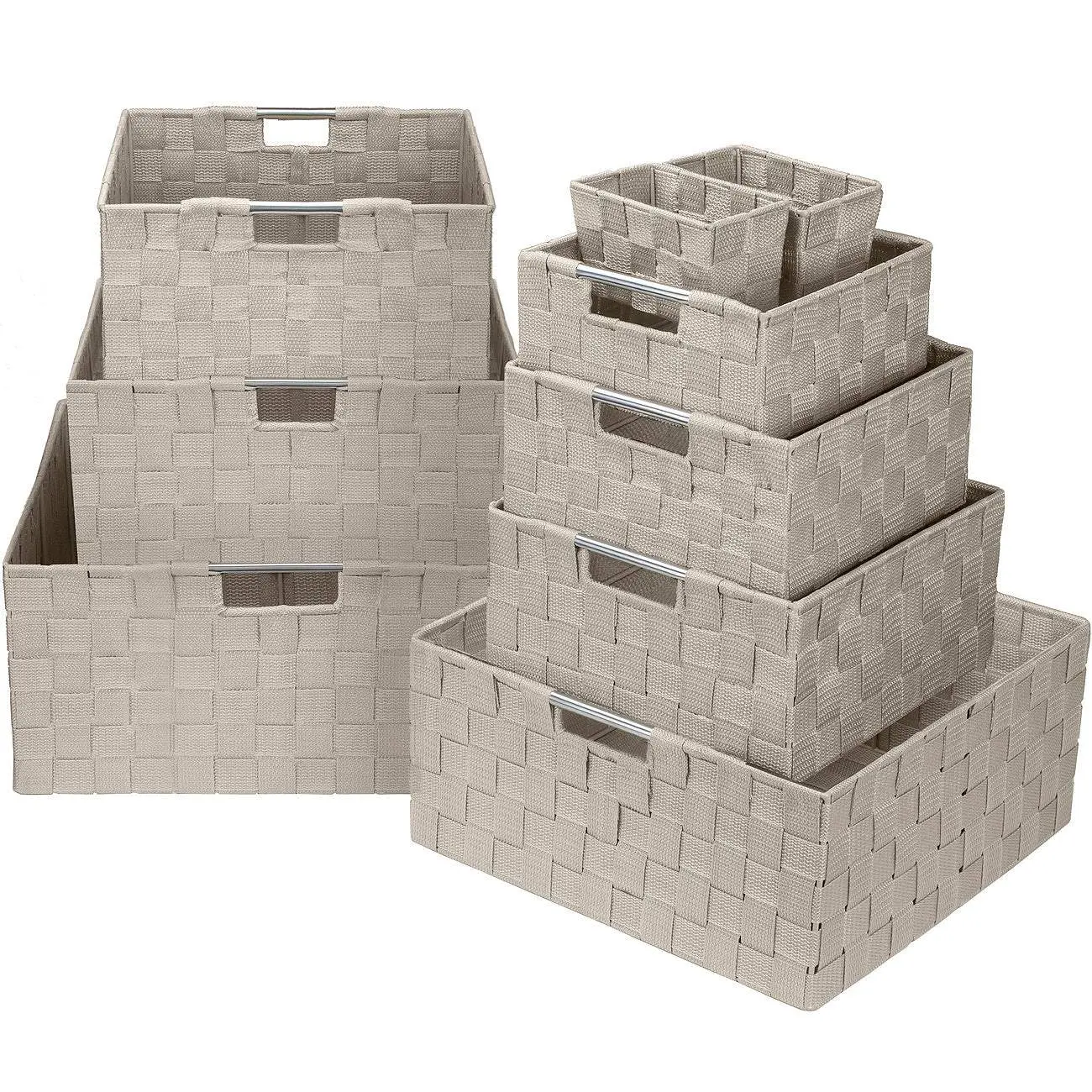9-Piece Double Woven Basket Bin Set Decorative Organiser Steel Stainless Steel Stainless