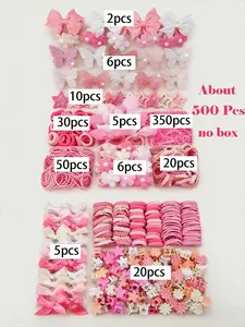 500pcs/Set Girls' Pink Bowknot Hair Clips, Cute Princess Hair Accessories, High Elastic Durable Non-Damaging Hair Ties, Hair Bands, Rabbit Ear Hair Rings, Versatile Duck Clip Barrettes, Suitable For Daily Use