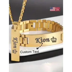 Custom Engraved Name Necklace Bracelet Men Stainless Steel 10mm Tank Chain Bracelet Personalized Women's Military Badge Pendant Custom Name Date Anniversary Set Jewelry Holiday Gift Personalized,Unique Ideal Gifts For Him,Ideal Gifts For Him Her,Boyfriend