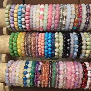 35pcs Bohemian Glass & Stone Beads with Elastic Bracelet - 8mm Smooth Spherical Beads, Multi-Color Suitable for, Elastic Fit for Daily Wear, Gift For, Parties, Friend Family