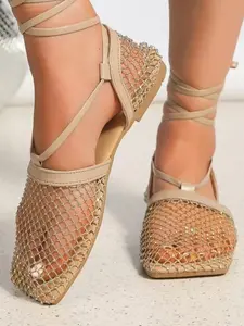 Women's Fashionable Mesh Fishnet Socks Sandals, Square Toe Lace-Up Foot Ring Bind Cool Shoes, Large Size Colorful Rhinestone Flat Slippers