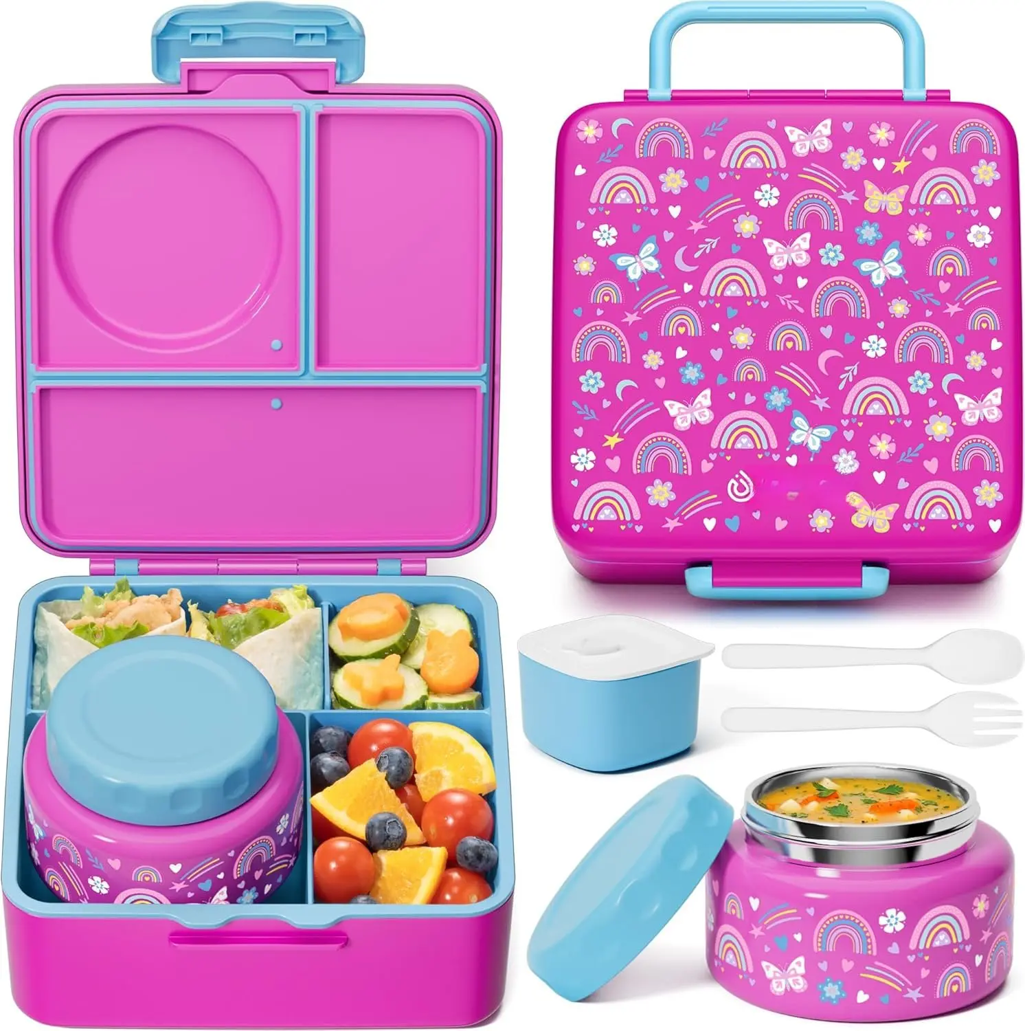 Bento Box for  Adult,  & Leakproof  Lunch Box with 8.5oz Insulated Thermos  Jar, Utensils & Sauce Jar, Dishwasher Safe 3 or 4 Compartment Container for School Girl Boy