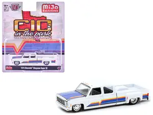 1975 Chevrolet Cheyenne Super 30 Dually Truck White with Blue Hood and Stripes Limited Ed 1/64 Diecast Model Car by M2 Machines