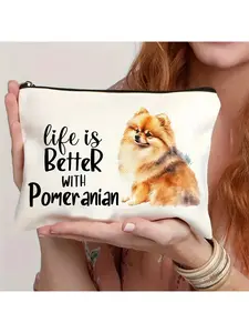 [Pomeranian Makeup Bag] 1pc Pomeranian Makeup Bag | Travel Cosmetic Pouch for Women, "Life is Better with a Pomeranian" Design, Perfect Gift for Dog Lovers & Pomeranian Moms, Zippered Toiletry Organizer