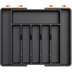 Large Silverware Drawer Organizer, Expandable Utensil Tray for Kitchen, BPA Free Flatware and Cutlery Holder, Adjustable Plastic Storage for Spoons Forks Knives, Large, Black