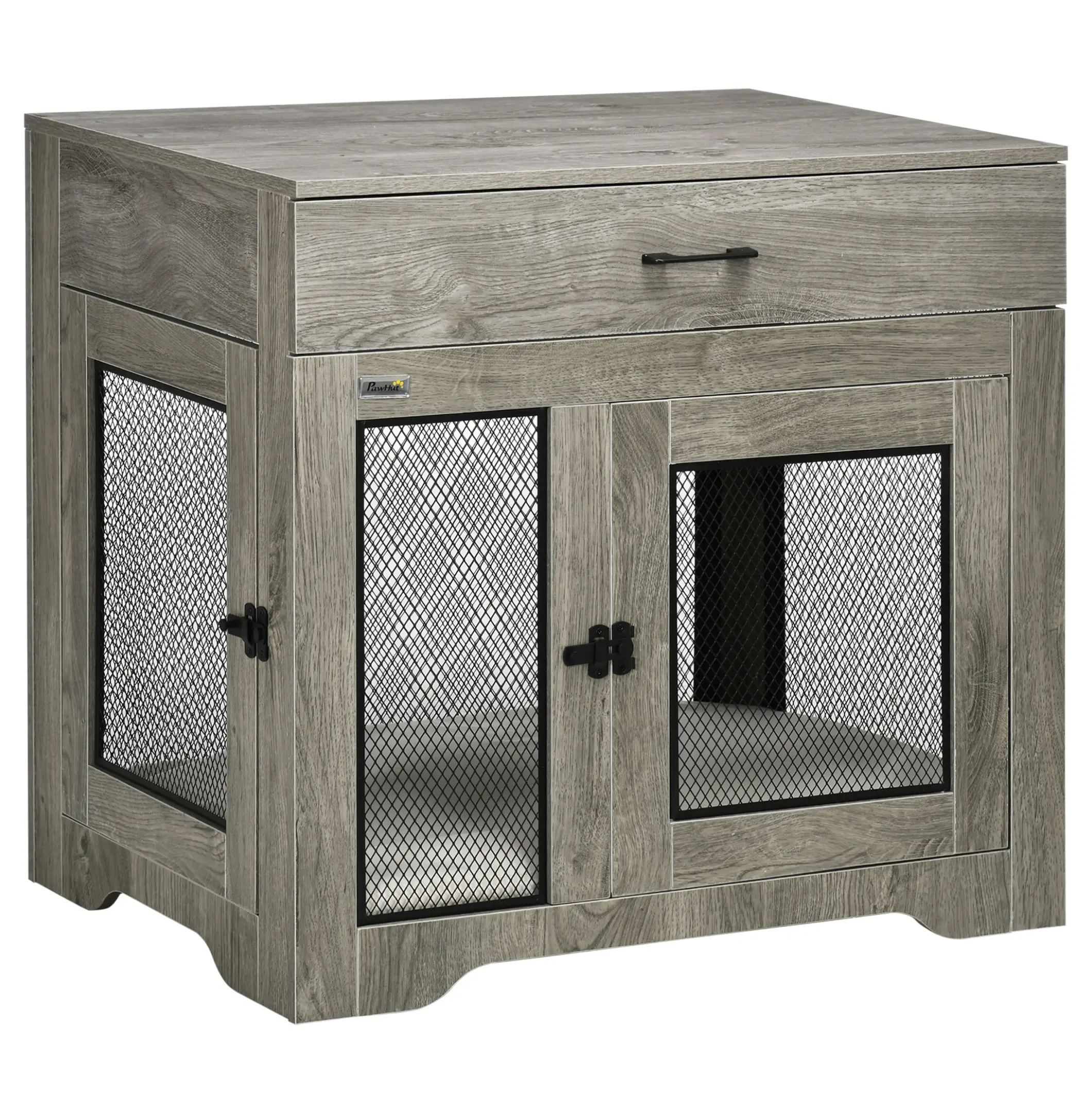 Dog Crate Furniture End Table with Cushion, Puppy Kennel with Drawer & 2 Doors, Indoor Dog Crate for Small Medium Dogs, Grey Grey + MDF
