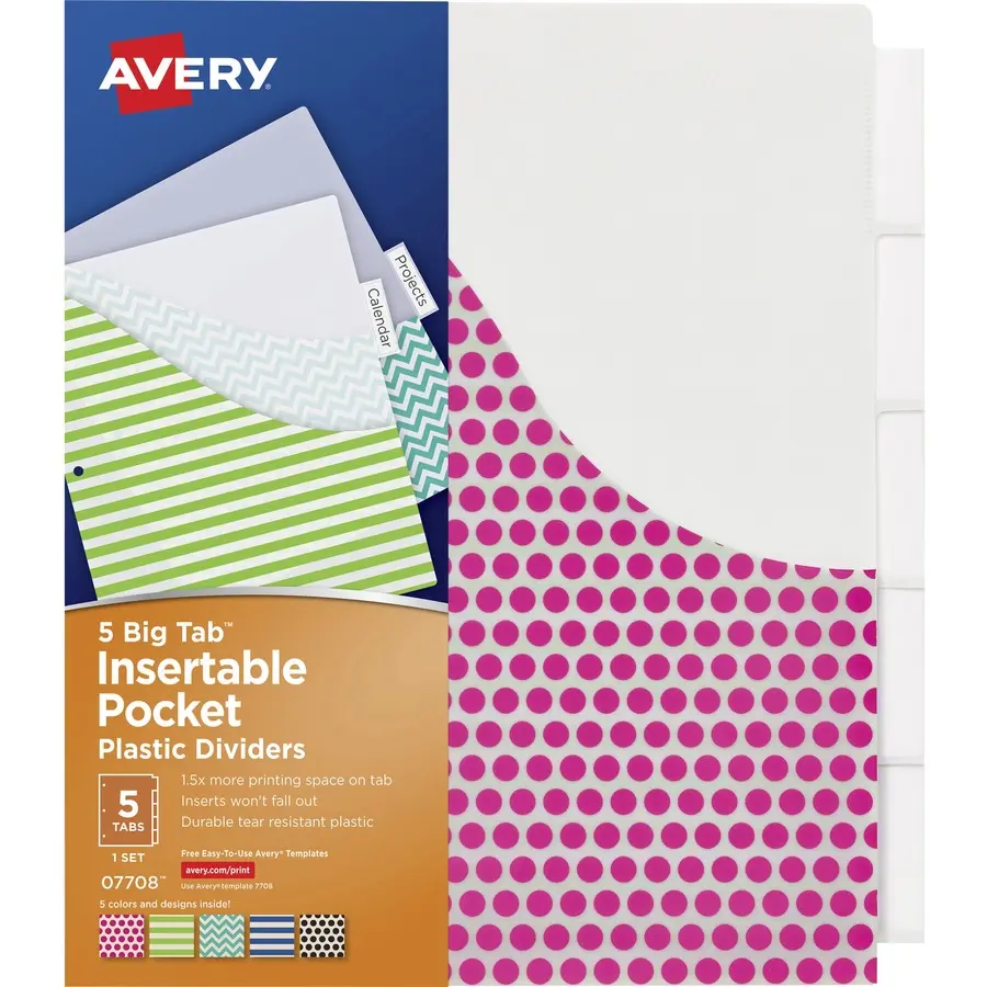 Avery AVE07708 Big Tab Insertable Plastic Pocket Dividers, Multi Color