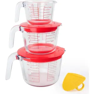 6 Pcs Glass Measuring Cups Set with Lids (Strainer Included), 1-Cup/2-Cup/4-Cup Nesting Jugs with Easy-Grip Handles for Kitchen Liquid Measuring