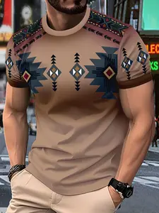 Men's Vintage Tribal Pattern Color Block Printed T-Shirt, Round Neck Short Sleeve, Casual Fashion Summer Streetwear, Daily Wear