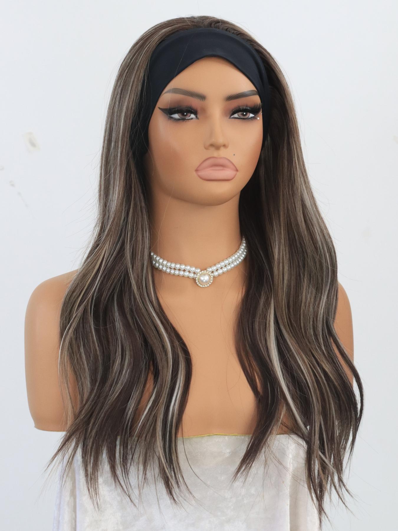 MACA BAKA Skylar Iced Brown Ash Blonde Layered Ombre Highlight Headband Wigs Wear and Go Glueless Low Density 18 Inches Iced Mocha Long Soft Wavy Synthetic Wigs for Women Easy to Wear