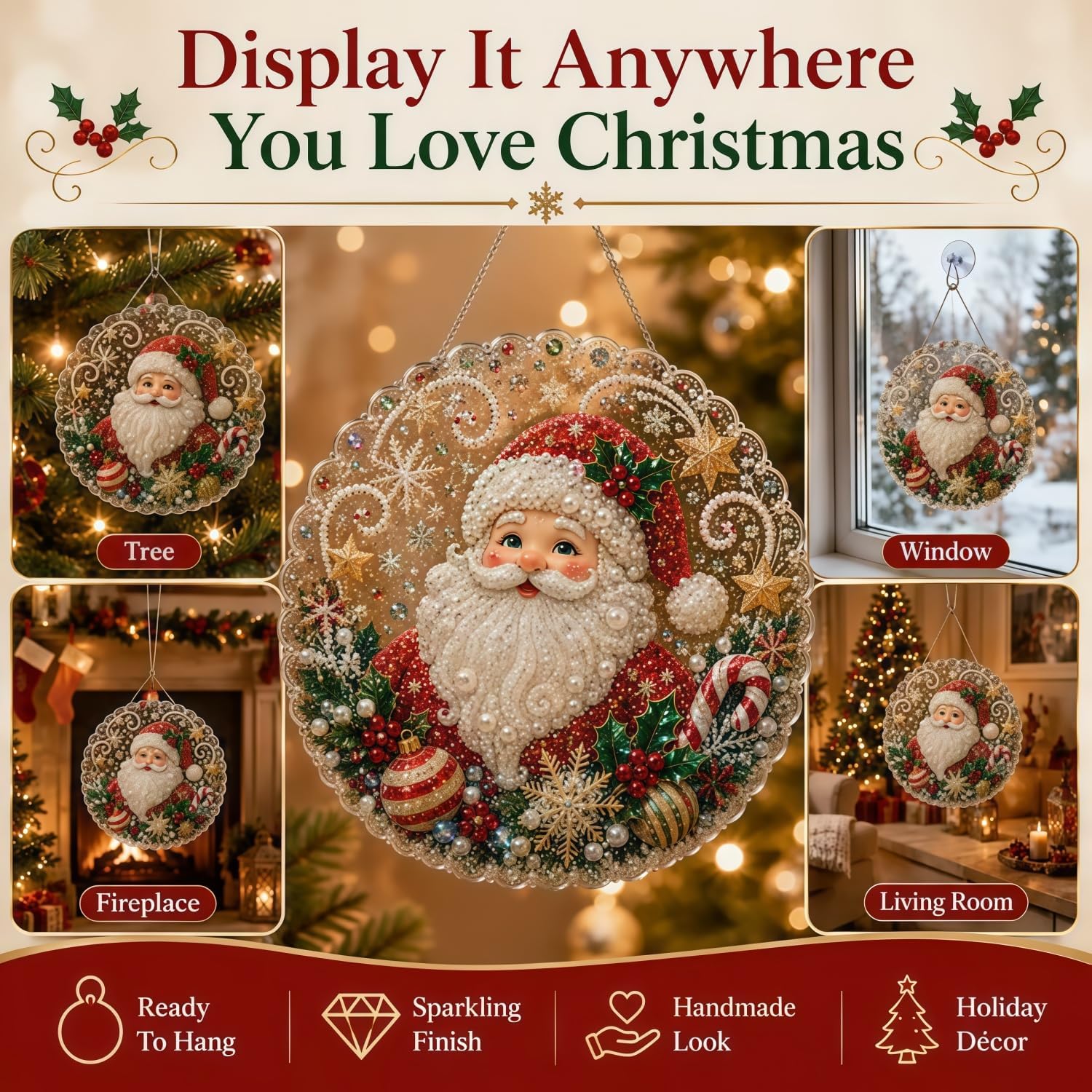 【4 packs】Christmas Pearl Diamond Painting Suncatcher Kit, DIY Craft | Pre-Assembled Metal Chain, Acrylic Round Board with Lace Edge, 3D Mixed-Sized Pearl Beads Craft, Festive Window Wall Decor,Beads DIY Handmade Holiday Hanging Decor,Christmas gifts, birt 【4 packs】Christmas Pearl Diamond Painting Suncatcher Kit, DIY Craft | Pre-Assembled Metal Chain, Acrylic Round Board with Lace Edge, 3D Mixed-Sized Pearl Beads Craft, Festive Window Wall Decor,Beads DIY Handmade Holiday Hanging Decor,Christmas gifts, birt