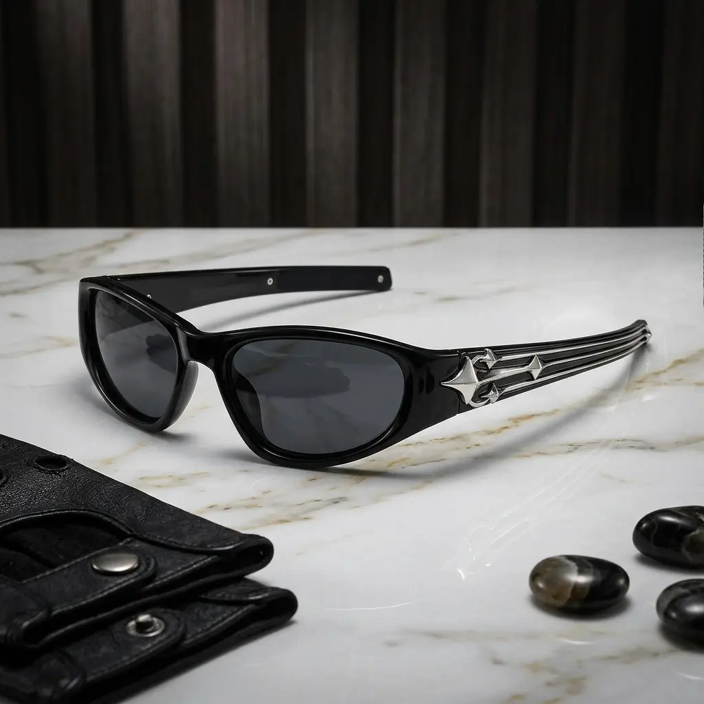 Y2K Gothic Star Cross Oval Sunglasses - Women's Men's Black Narrow Frame with Silver Metal Decor, UV400 Street Punk Hip Hop Wrap Eyewear