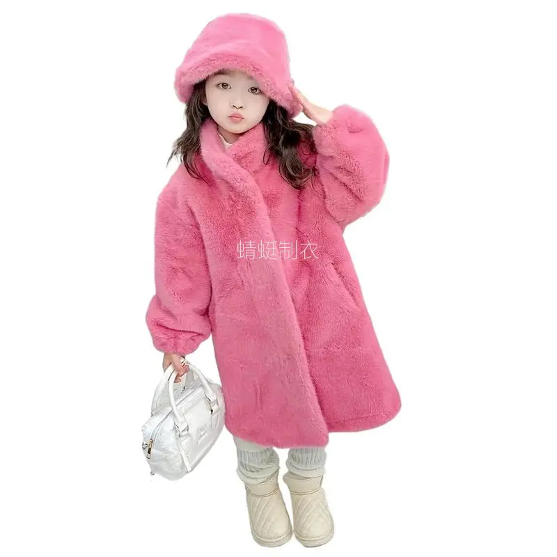 NewGirls' Pink Faux Fur Coat with Hood - Long Winter Coat, & Windproof, Button Front, Side Pockets, Perfect for Outdoor Play & Hiking, Winter Coat for Girls, Hiking Apparel, Playful Design, Thick Fleece Lining