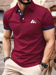 Men's Summer Casual Short Sleeve Polo Shirt, Slim-Fitting Multicolor Collared Top, Random Print Design, Perfect Fit for Everyday Wear