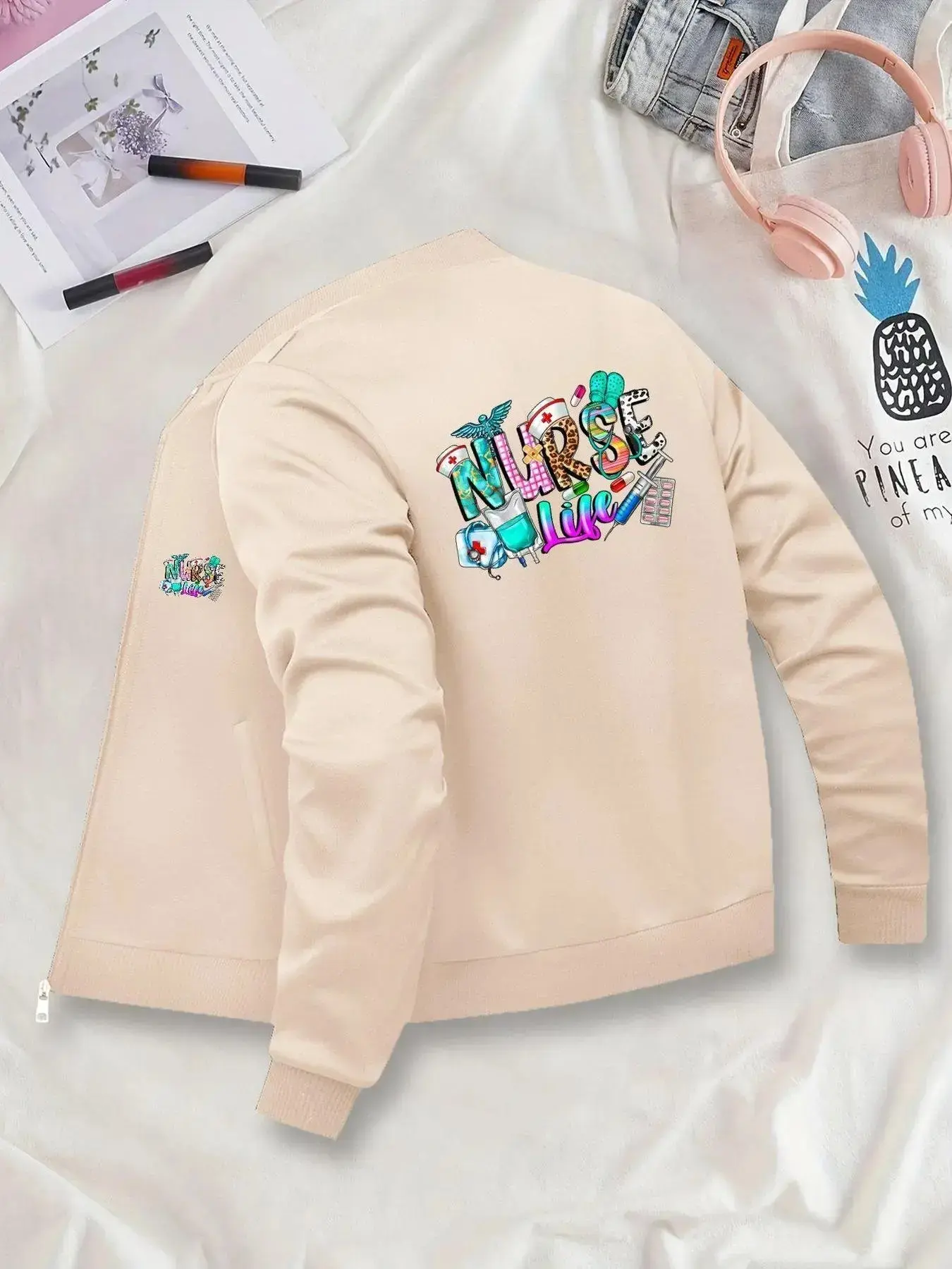 Women's Nurse Jacket, Casual Graphic Baseball Zipper Cardigan, Outerwear Coats, Fitted Medium Fabric, All Season Wear, Unique Design for Daily & Formal Events, Womenswear