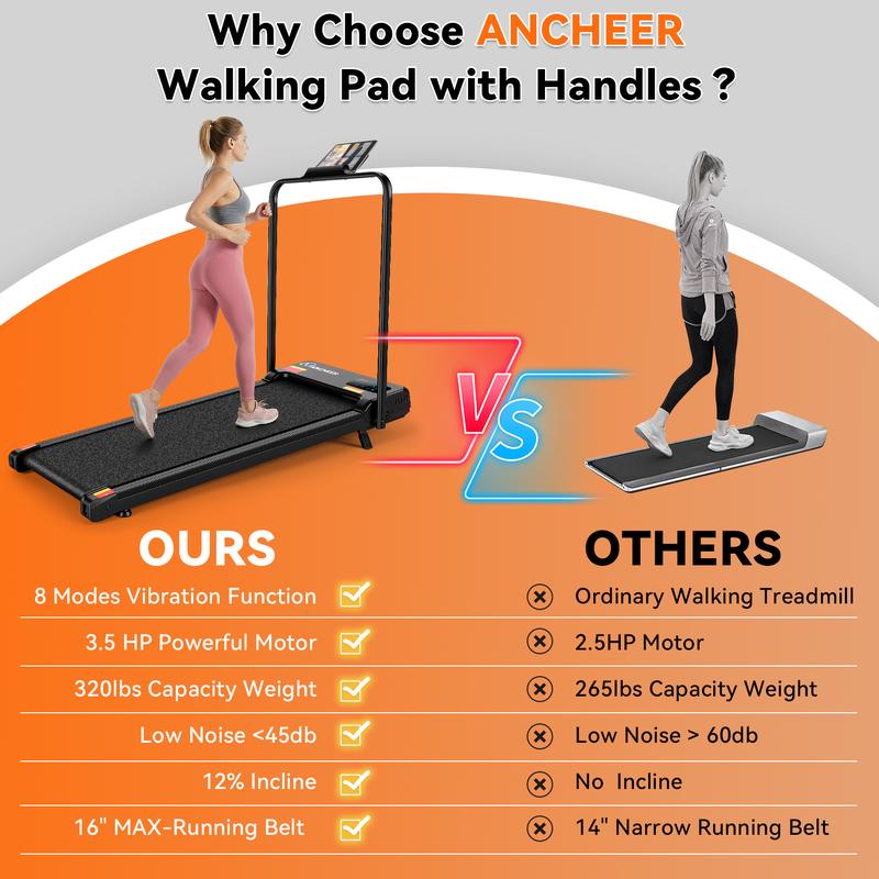 【 New Year】ANCHEER Walking Vibration Pad with 12% Incline & Handles,6 in 1 Foldable Under Desk Treadmill,350LBS Capacity/2S Folding/Low Noise Vibration Treadmills for Home/Office,8 Modes Control