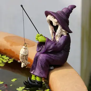Fishing Witch Design Garden Decor, 1 Box Creative Halloween Themed Garden Water Feature Decoration, Hand-painted Antique Resin Craft Gift