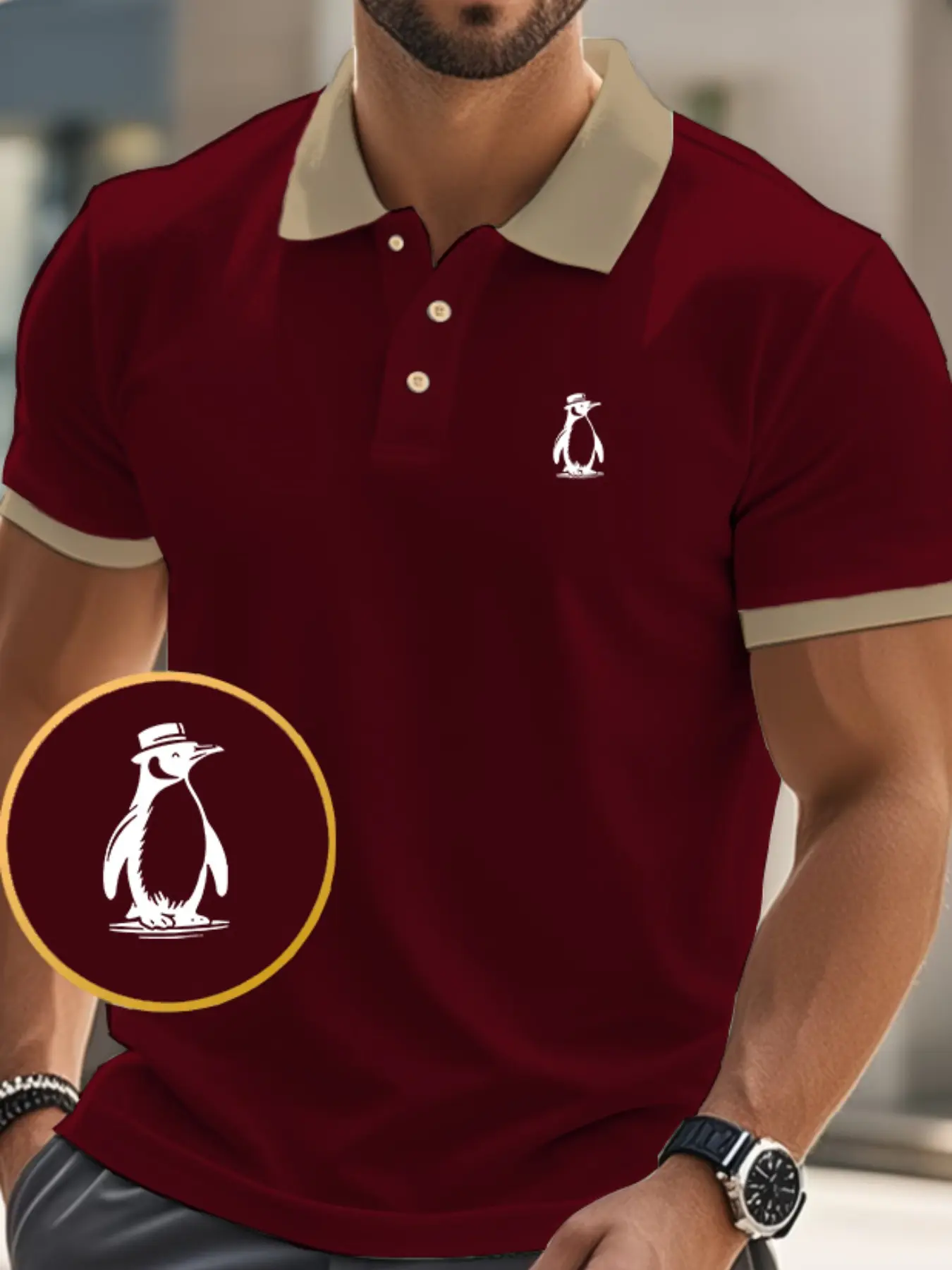 Men's High-Quality Graphic Penguin Print Polo Shirt, Polyester Fabric, Regular Fit, Summer Short Sleeve T-Shirt, Casual Outdoor Wear
