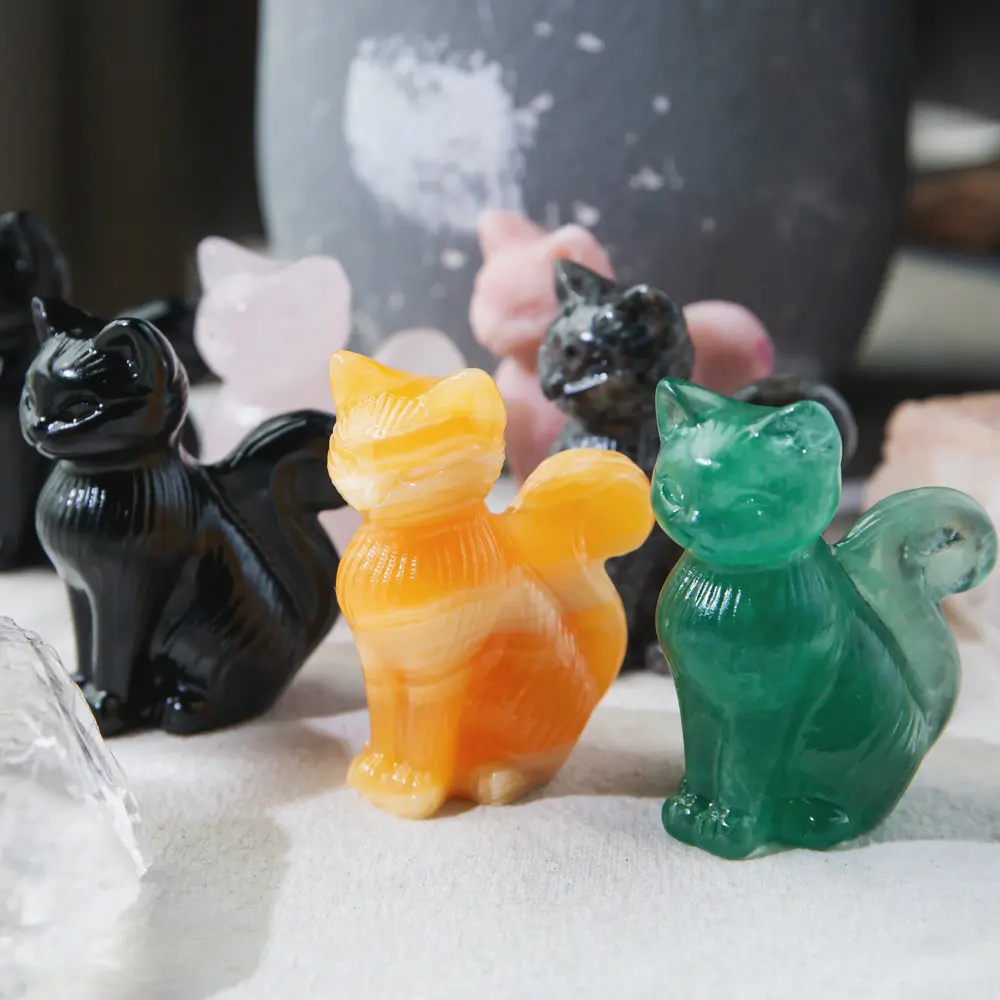Natural Crystal Cat Figurine | Hand-Carved Gemstone Cat Sculpture | Healing Energy Stone Animal