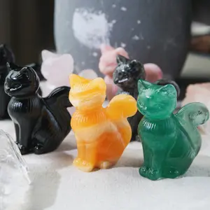 Natural Crystal Cat Figurine | Hand-Carved Gemstone Cat Sculpture | Healing Energy Stone Animal