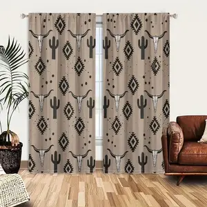 2 pieces of high-definition digital southwestern style ox skull, cactus, and geometric pattern printed curtains. Made of polyester, semi-transparent material, machine washable, suitable for bedrooms, living rooms, and home decoration curtains.