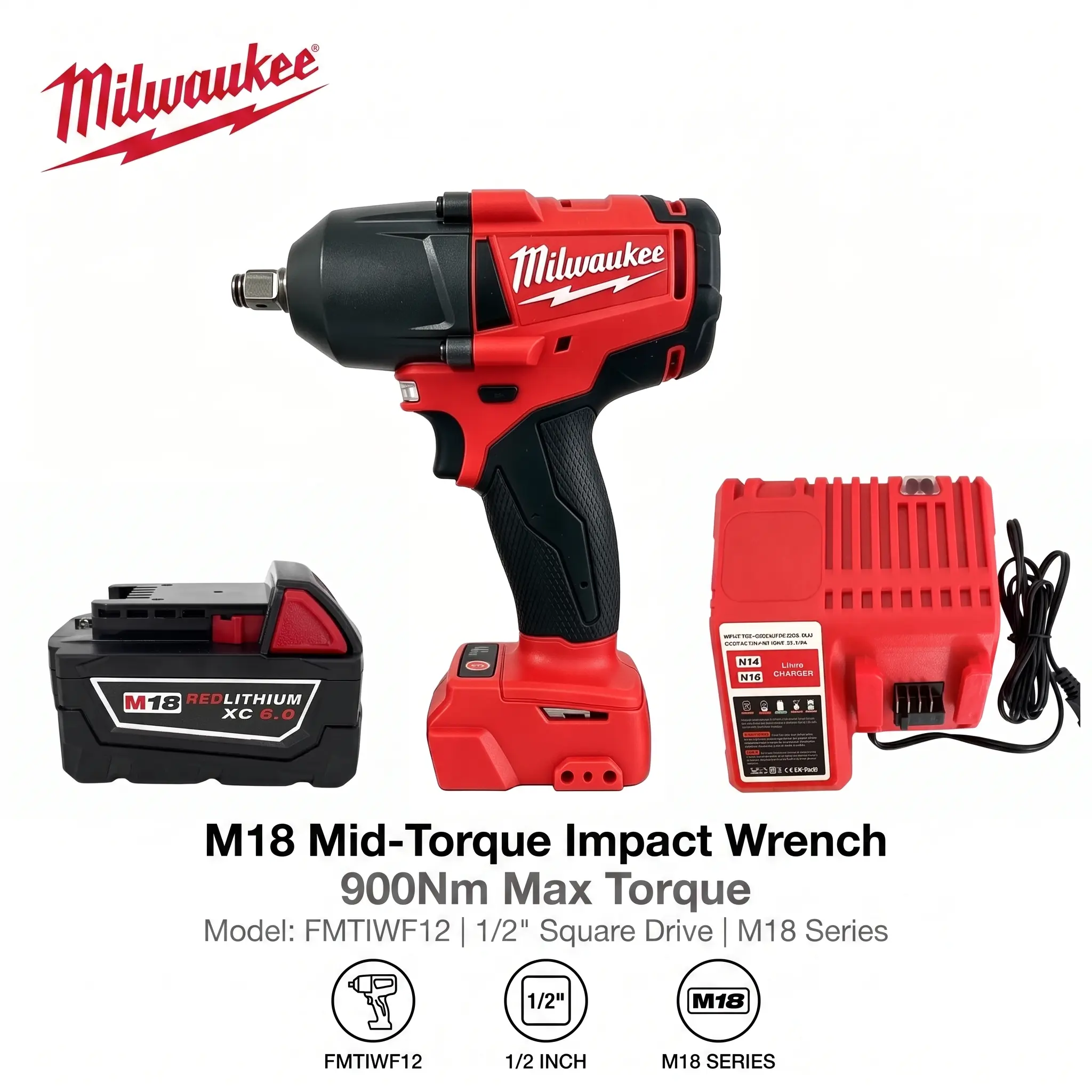 Milwaukee M18 FMTIWF12 18V 1/2" Impact Wrench 900Nm High Torque Cordless Power Tool, 3-Speed Control for Lug Nut Removal, Tire Changes, Auto Repair, Garage Maintenance, Construction & Heavy-Duty Bolt Removal square