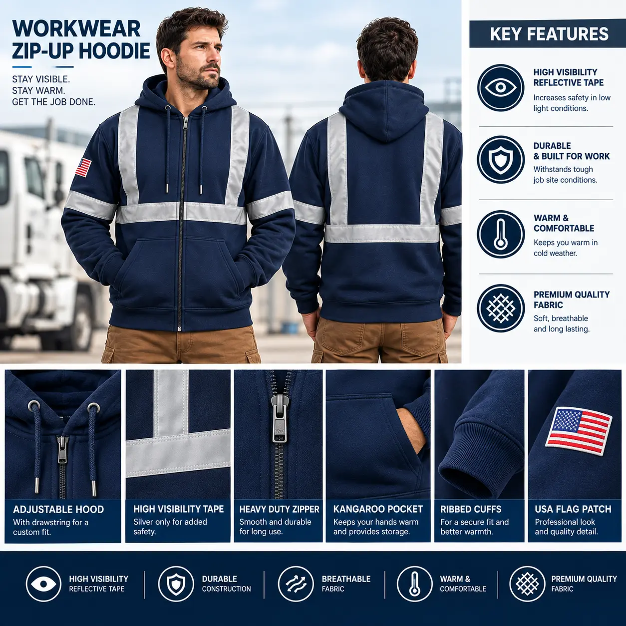 NexTech Hi Vis Hoodie for Men & Women High Visibility Safety Zip Up Sweatshirt with Pockets Reflective Strips & Embroidery for Construction Work Reflectors Hi Vis Jacket Vest Construction Gear