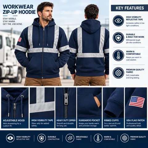NexTech Hi Vis Hoodie for Men & Women High Visibility Safety Zip Up Sweatshirt with Pockets Reflective Strips & Embroidery for Construction Work Reflectors Hi Vis Jacket Vest Construction Gear