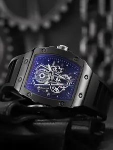 Men's Silicone Watch Band, Barrel Shape Quartz Watch, Sporty Style, Colorblock Pattern, Zinc-Manganese Battery, All Season Wear