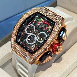 ONOLA Brand 6826D Luxury Automatic Mechanical Watch - Round Case Chronograph, Skeleton Design, Rhinestone Embellishment, Silicone Strap, Mechanical Movement, Includes Elegant Gift Box, Battery Not Included
