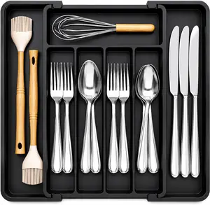 Utensil Tray for Kitchen Drawer, BPA Free Flatware Cutlery Holder, Space-Saving Storage for Spoons Forks Knives, 8.5-14 x 12 x 1.5 inch, Black