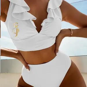 Elegant White Ruffle Bikini Set with Gold Logo Detailing for Women