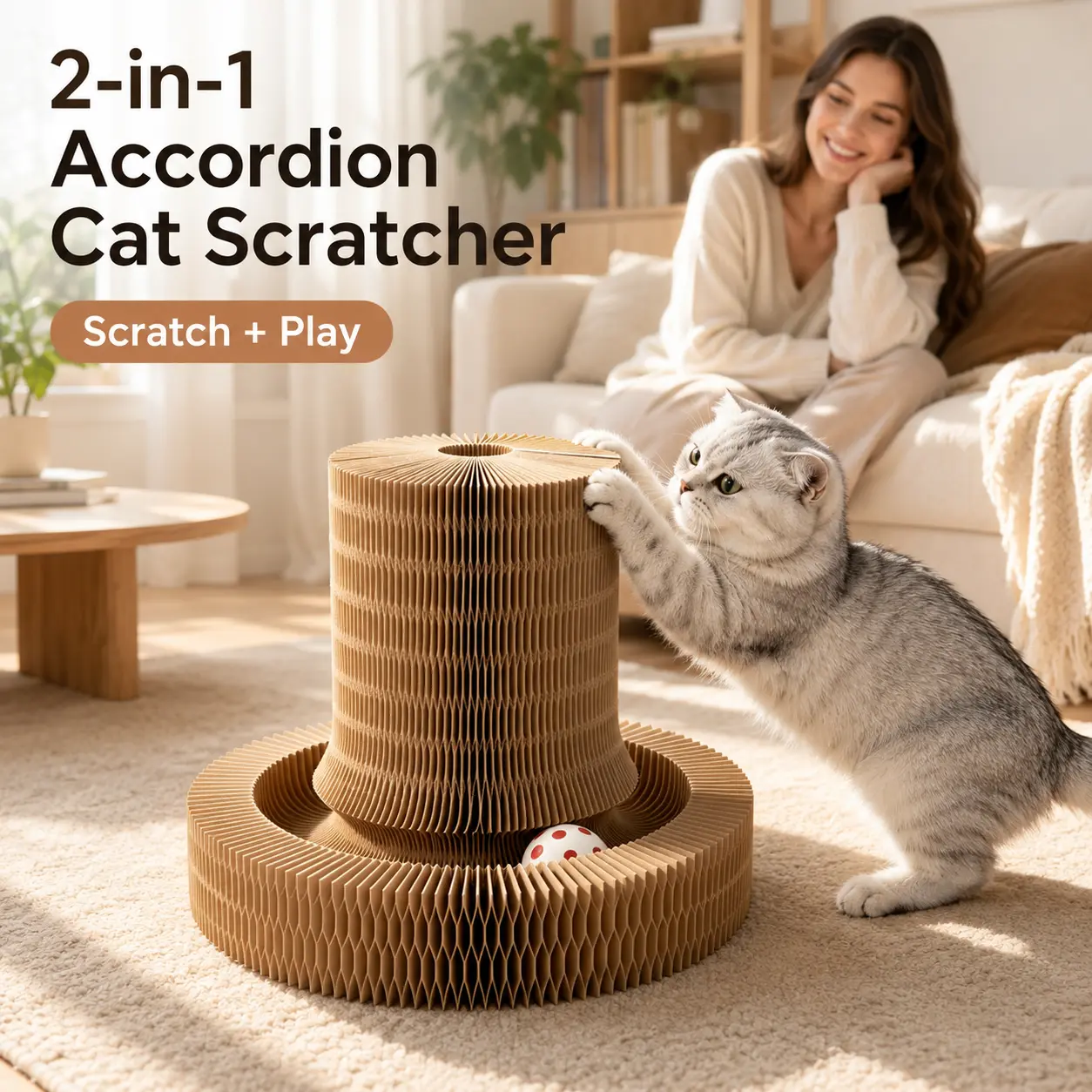 2-in-1 Accordion Cat Scratcher for Indoor Cats, Foldable Cardboard Cat Scratching Board with Interactive Ball Track, Space-Saving Scratch and Play Cat Toy