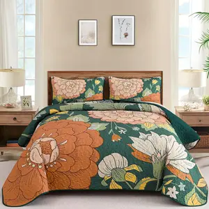 DJY 3 Piece Green Floral Set Queen Size - Boho Flower Bedspread Coverlet Set, Soft Microfiber Farmhouse Bohemian Floral Bedding Set Botanical for All Season (Queen, 96''x90'')