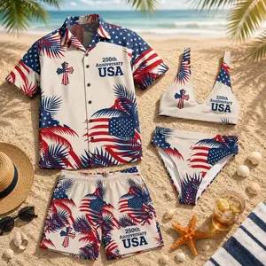 250 Years America Matching Couple Swimwear Set - Red White Blue Tropical Flag Palm Tree Christian Cross Print Bikini Top & Bottom, Button Shirt Swim Trunks, High-Quality Polyester, Perfect Gift for Couples Summer Vacation